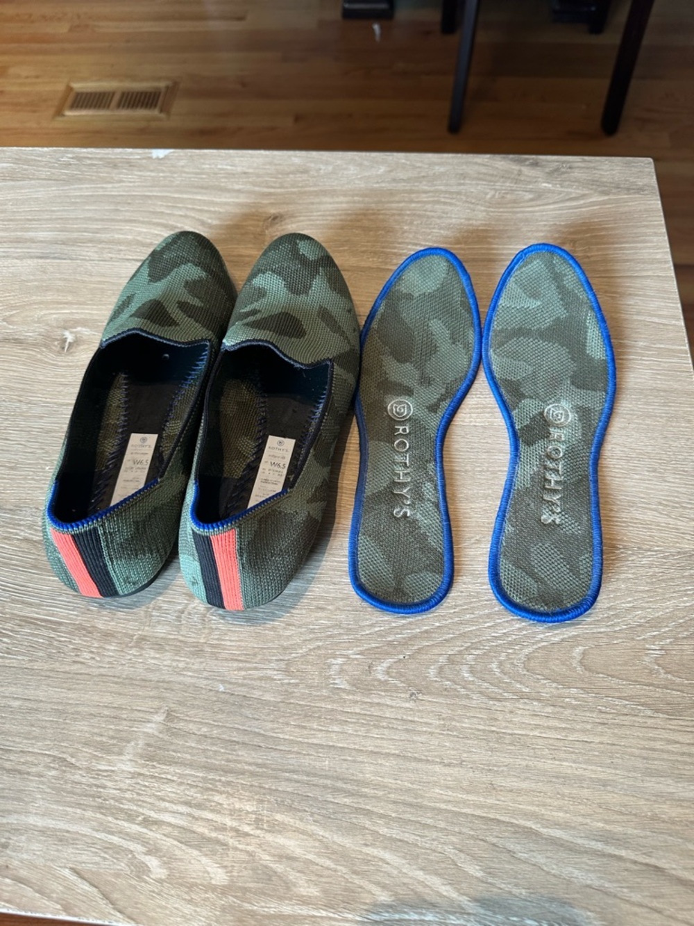 Rothy's Olive Green Camo Knit Slip-On Flats with Blue Trim - Picture 4 of 4